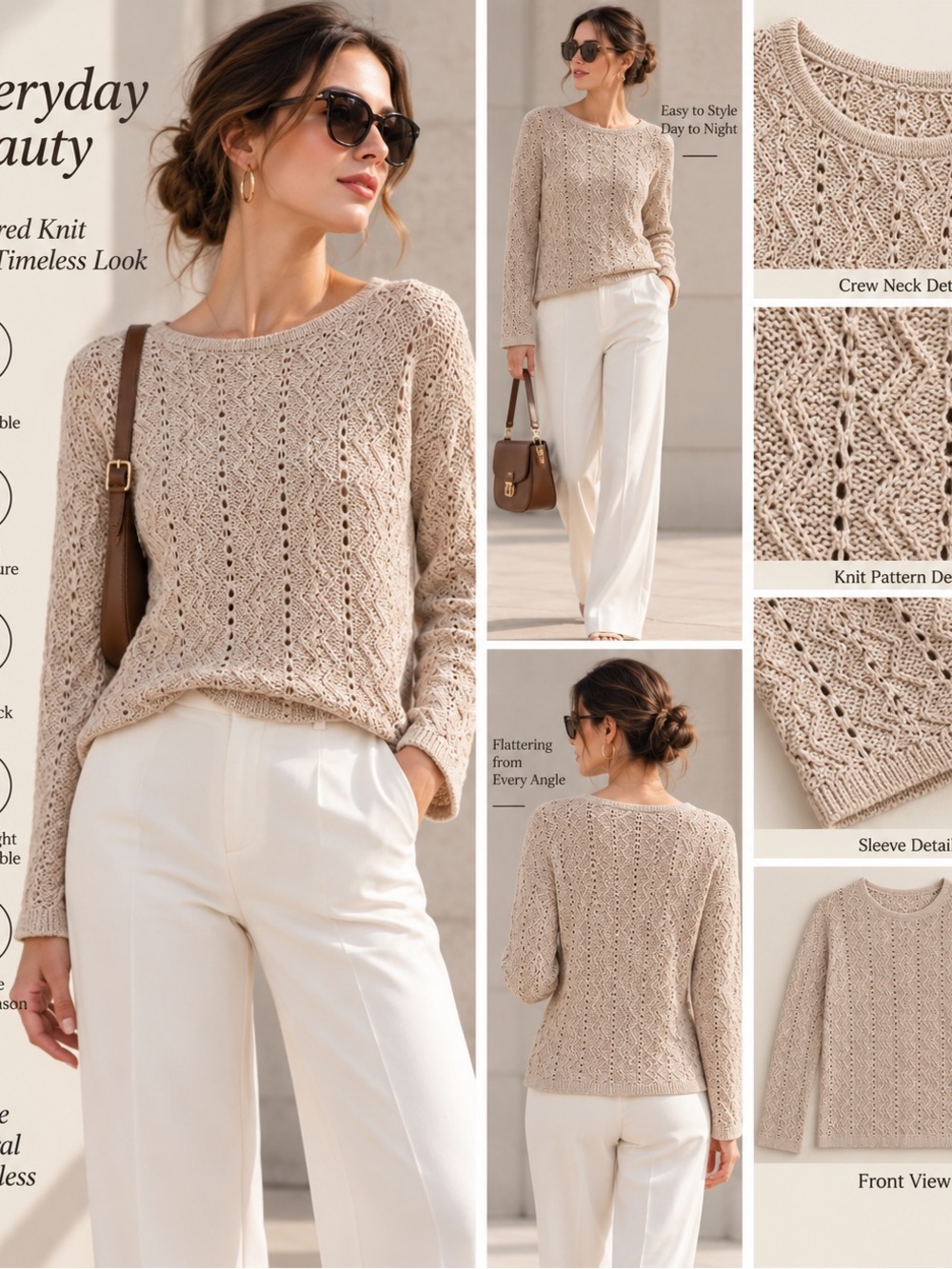 Beige Soft Pointelle Openwork Knit Long Sleeve Sweater